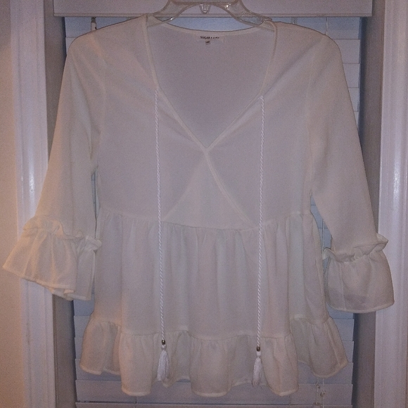 Sugar + Lips White Boho Peasant Top w/ Ruffles - Picture 4 of 10